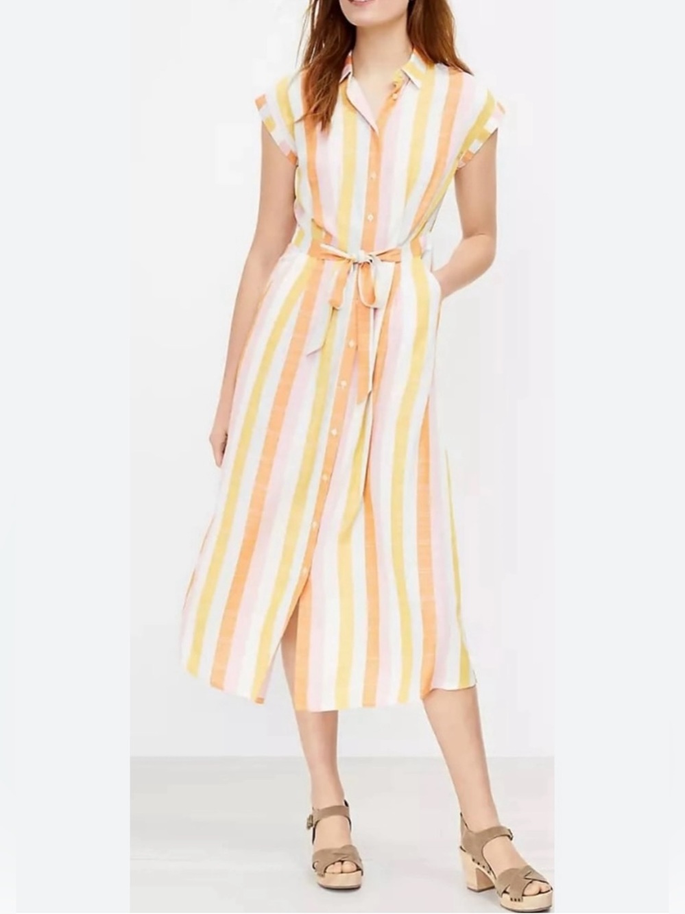 Loft Dress Women's Size 10 Yellow Pink Orange Stripe Button Up‎ Midi Tie Waist